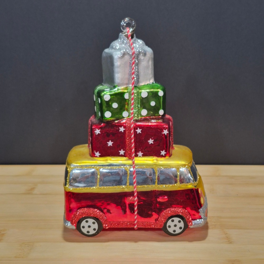 Pottery Barn VW Van Presents Christmas Blown Glass Ornament Holiday Kitschy